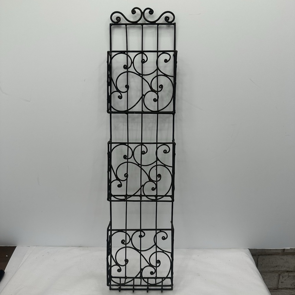 Vintage Iron Wall Rack 3 Bins 4 Hooks Home Office Storage Display Shelf 26"